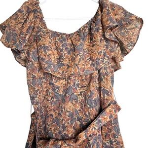 Vintage 70s Samuel Blue Floral Brown Pink Ruffle Midi Dress Cottagecore Boho SM